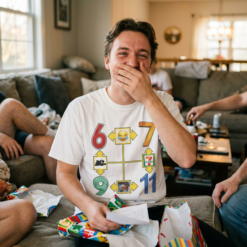 Customer laughing while wearing a white graphic tee from The Funny Shirt Store.